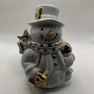 Vintage Ceramic White Snowman Planter With Gold Trim Christmas Bloom-Rite